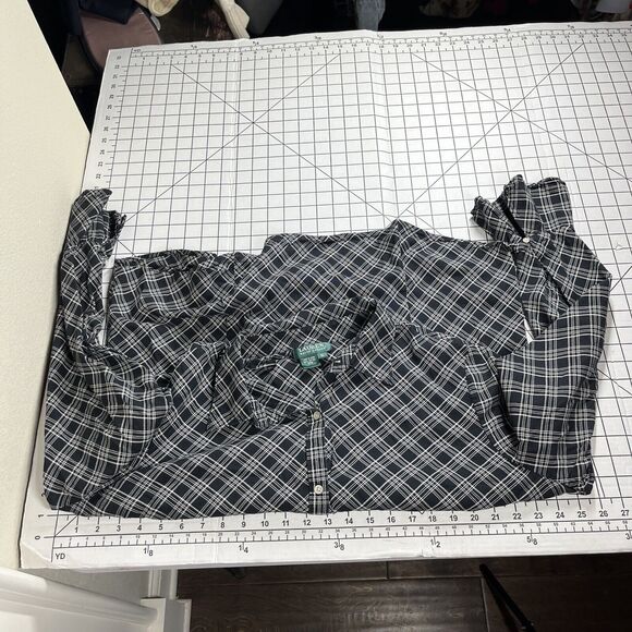 LRL Ralph Lauren Blouse 1X Black White Plaid Bell Cuff Long Sleeve Flared Top - Picture 7 of 9